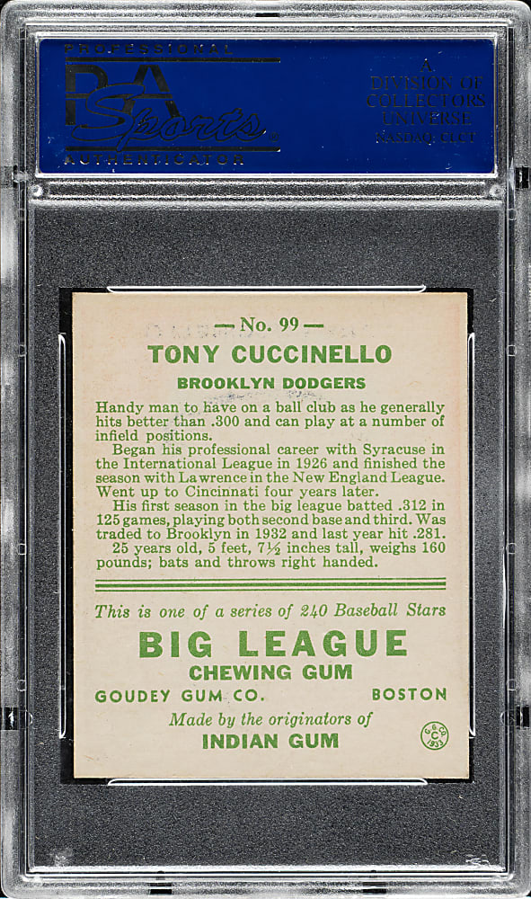 1933 R319 Goudey #99 Tony Cuccinello PSA EX-MT 6