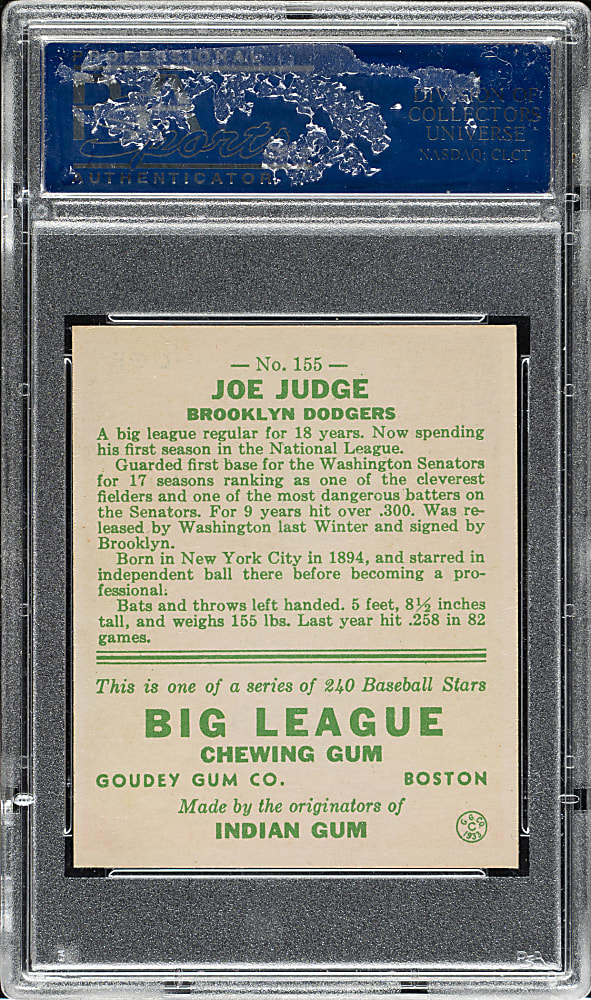 1933 R319 Goudey #155 Joe Judge PSA EX-MT 6