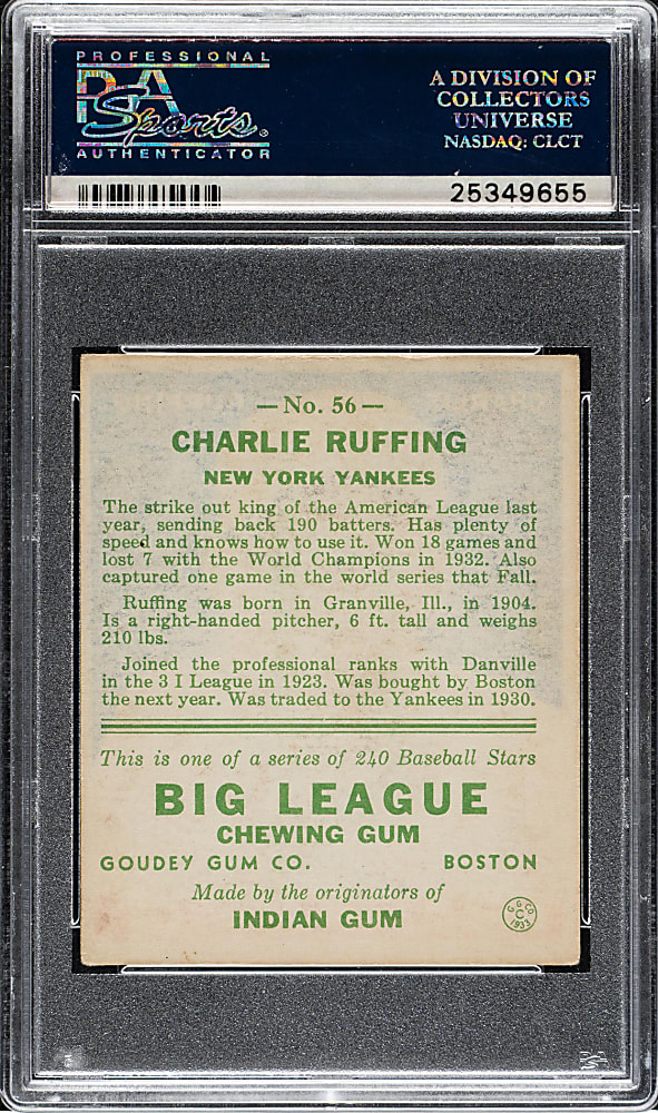 1933 R319 Goudey #56 Red Ruffing PSA VG-EX 4