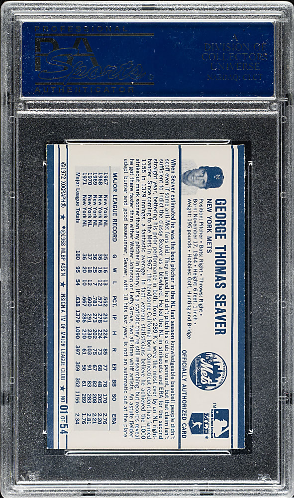 1972 Kellogg's #1 Tom Seaver 2.81 ERA PSA MINT 9
