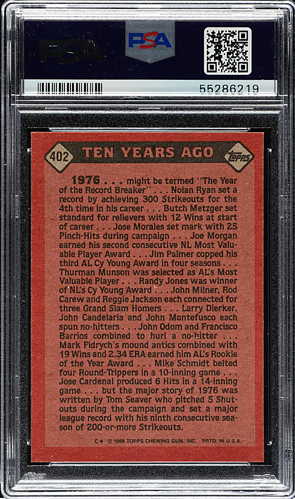 1986 Topps Turn Back The Clock #402 Tom Seaver PSA GEM MINT 10