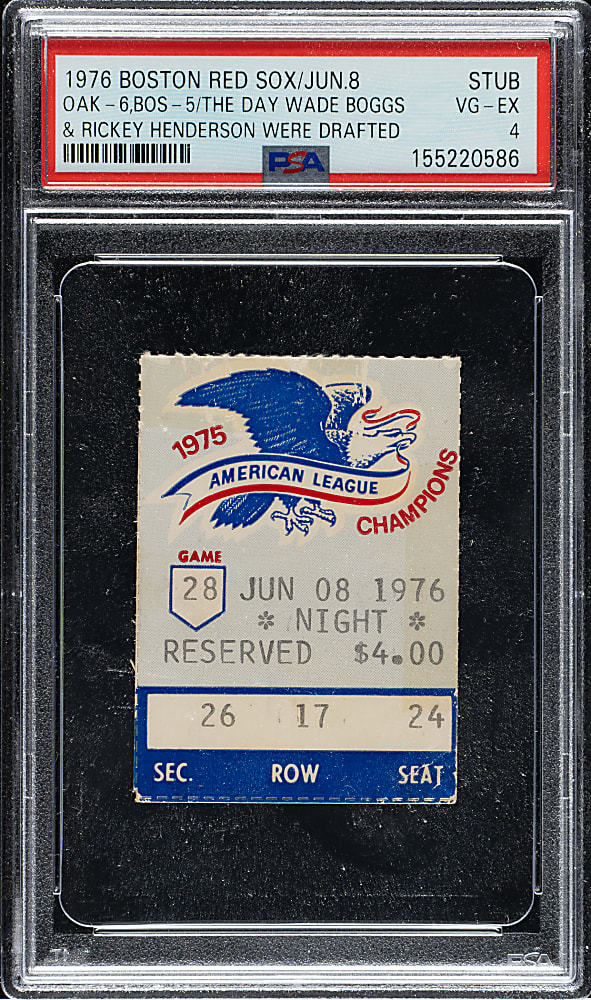 June 8, 1976 Boston Red Sox (vs. Oakland Athletics) Ticket Stub PSA VG-EX 4 - The Day Wade Boggs and Rickey Henderson were Drafted