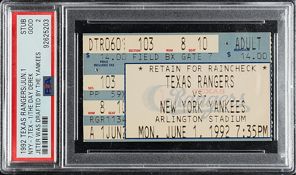 June 1, 1992 Texas Rangers (vs. New York Yankees) Ticket Stub PSA GOOD 2 - The Day Derek Jeter was Drafted by the Yankees