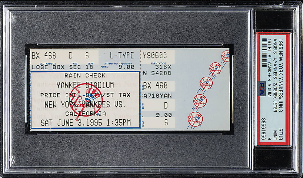 June 3, 1995 New York Yankees (vs. California Angels) Ticket Stub PSA MINT 9 - Derek Jeter First Hit at Yankee Stadium
