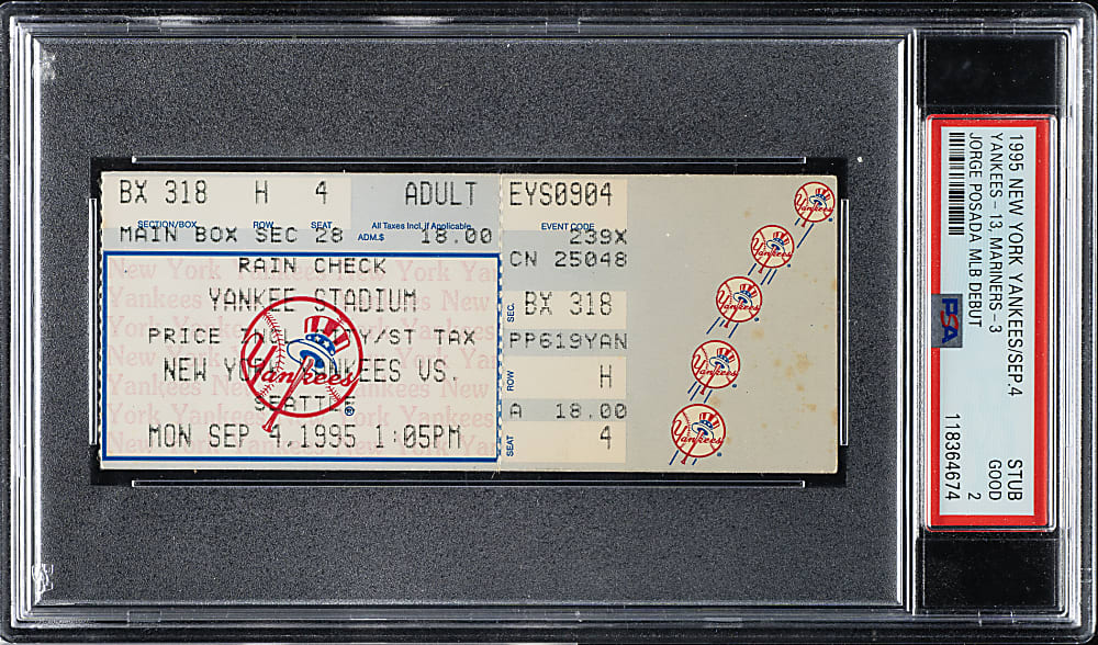 September 4, 1995 New York Yankees (vs. Seattle Mariners) Ticket Stub PSA GOOD 2 - Jorge Posada MLB Debut
