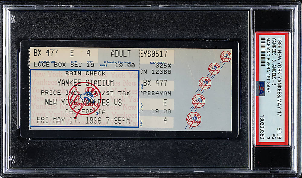 May 17, 1996 New York Yankees (vs. California Angels) Ticket Stub PSA VG 3 - Mariano Rivera First Save