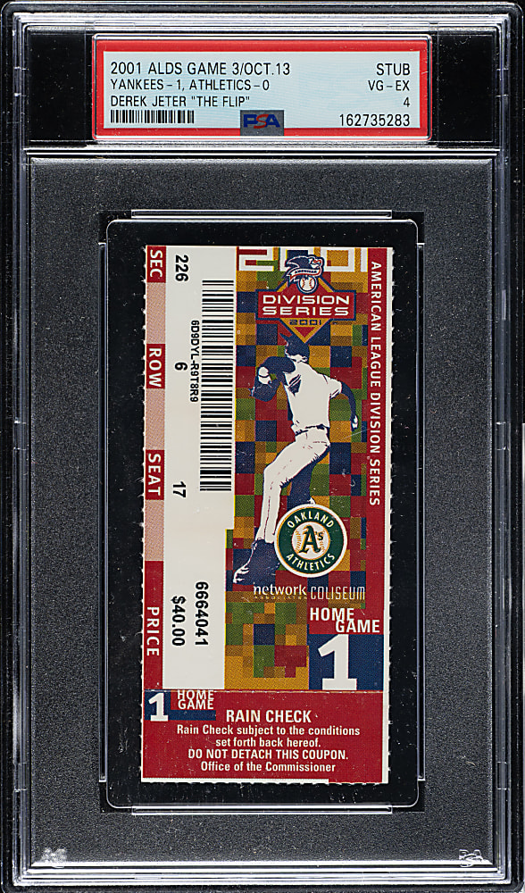 October 13, 2001 New York Yankees (vs. Oakland Athletics) ALDS Ticket Stub PSA VG-EX 4 - Derek Jeter "The Flip"