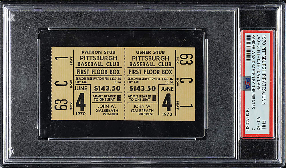 June 4, 1970 Pittsburgh Pirates (vs. Los Angeles Dodgers) Full Ticket PSA VG-EX 4 - The Day Dave Parker was Drafted by the Pirates