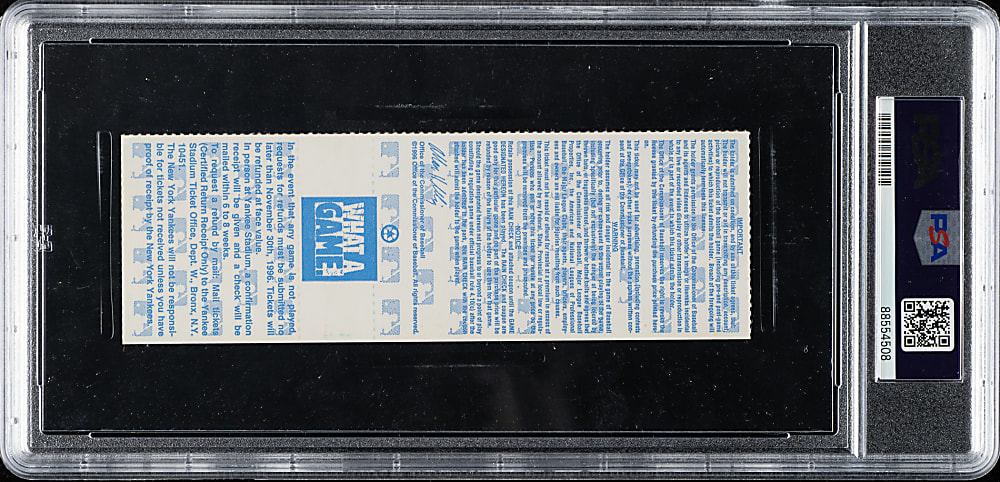 October 9, 1996 New York Yankees (vs. Baltimore Orioles) ALCS Full Ticket PSA NM 7 - Derek Jeter Home Run and Jeffrey Maier Catch