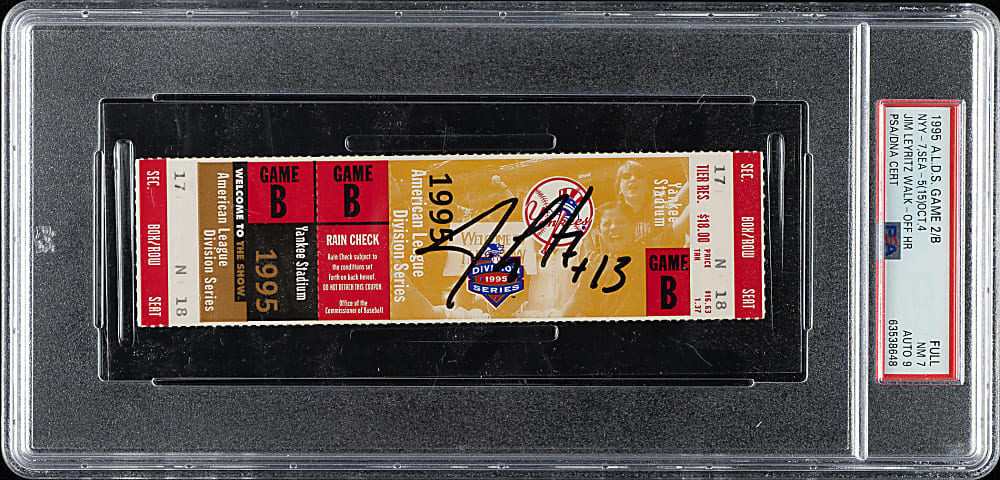 October 4, 1995 New York Yankees (vs. Seattle Mariners) Full Ticket Signed by Jim Leyritz PSA NM 7 with MINT 9 Signature - Jim Leyritz Walk-Off Home Run