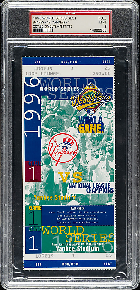 1996 New York Yankees (vs. Atlanta Braves) World Series Game 1 Full Ticket PSA MINT 9 - John Smoltz vs. Andy Pettitte