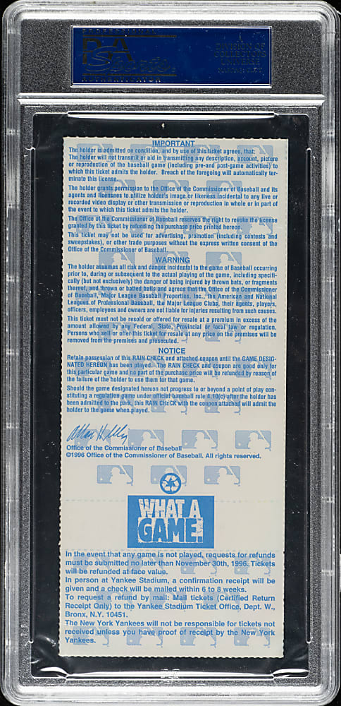 1996 New York Yankees (vs. Atlanta Braves) World Series Game 1 Full Ticket PSA MINT 9 - John Smoltz vs. Andy Pettitte