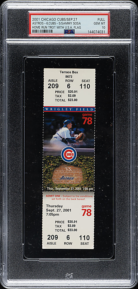 September 27, 2001 Chicago Cubs (vs. Houston Astros) Full Ticket PSA GEM MINT 10 - Sammy Sosa Home Run Trot with USA Flag