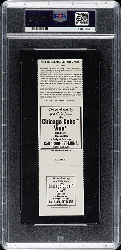 September 27, 2001 Chicago Cubs (vs. Houston Astros) Full Ticket PSA GEM MINT 10 - Sammy Sosa Home Run Trot with USA Flag
