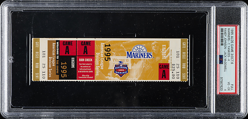 October 6, 1995 Seattle Mariners (vs. New York Yankees) ALDS Full Ticket PSA VG-EX 4 - Randy Johnson vs. Jack McDowell