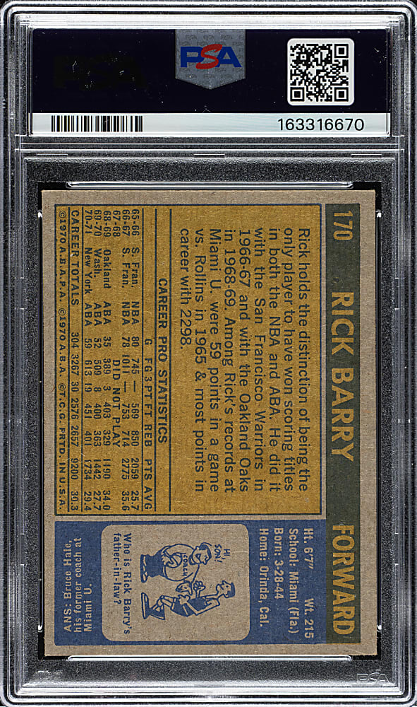 1971-1972 Topps Basketball #170 Rick Barry Rookie PSA VG-EX 4