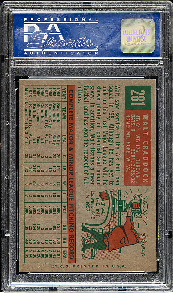 1959 Topps #281 Walt Craddock PSA NM-MT 8