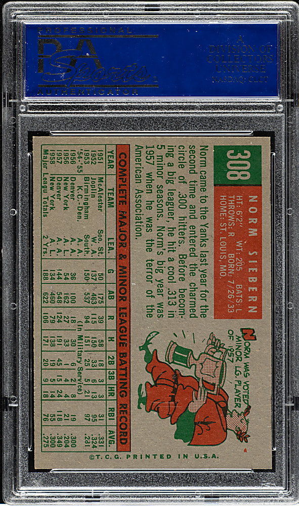 1959 Topps #308 Norm Siebern PSA NM-MT 8