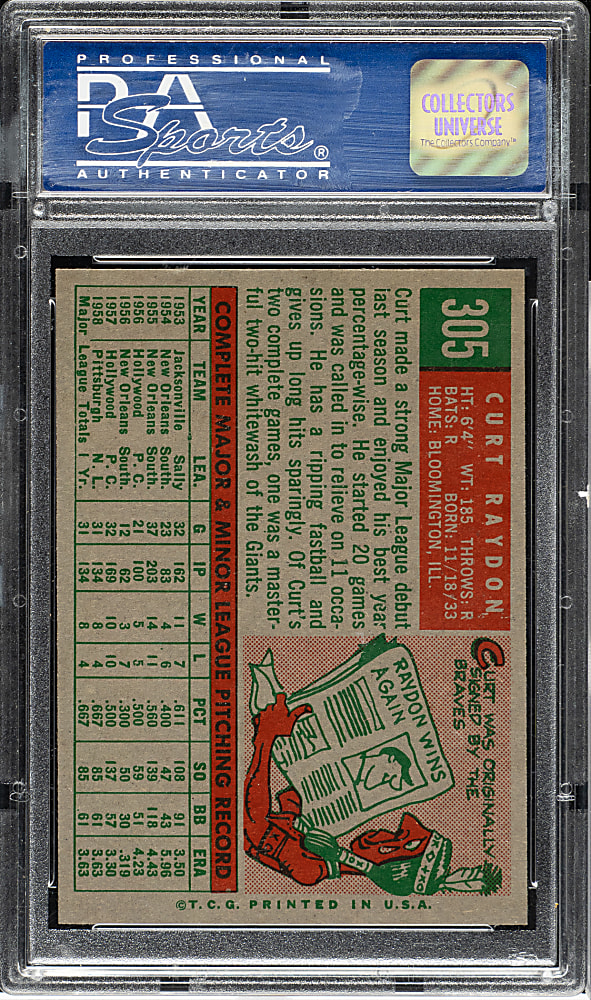 1959 Topps #305 Curt Raydon PSA NM-MT 8