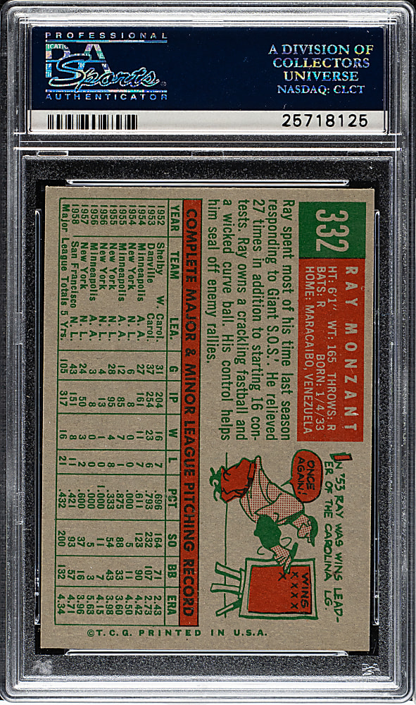 1959 Topps #332 Ray Monzant PSA NM-MT 8
