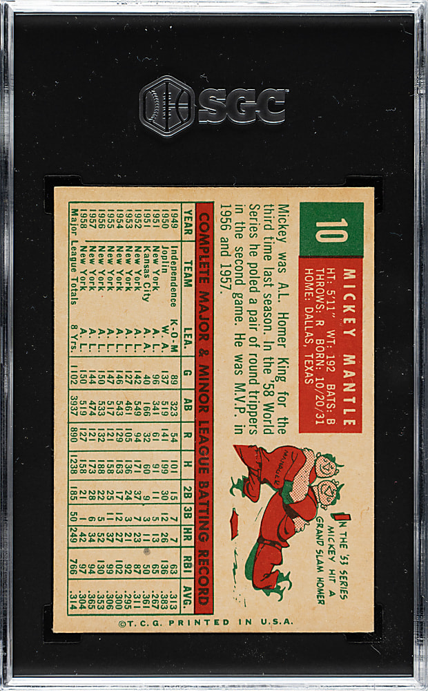 1959 Topps #10 Mickey Mantle SGC VG/EX 4