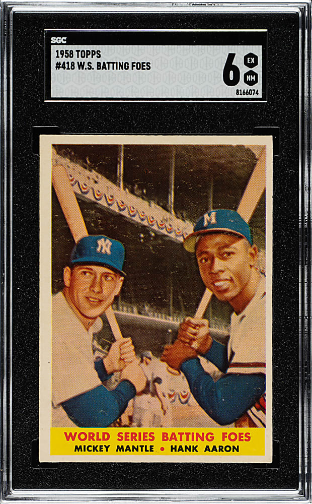 1958 Topps #418 World Series Batting Foes with Mickey Mantle and Hank Aaron SGC EX/NM 6