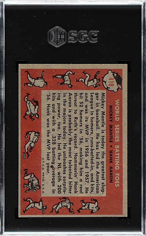 1958 Topps #418 World Series Batting Foes with Mickey Mantle and Hank Aaron SGC EX/NM 6