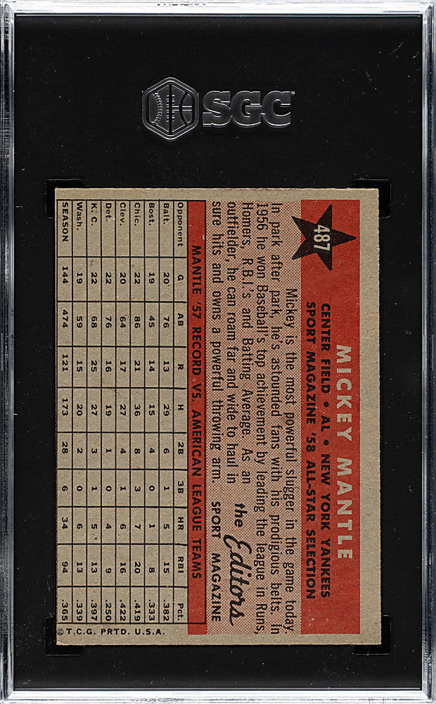 1958 Topps #487 Mickey Mantle All-Star SGC EX 5