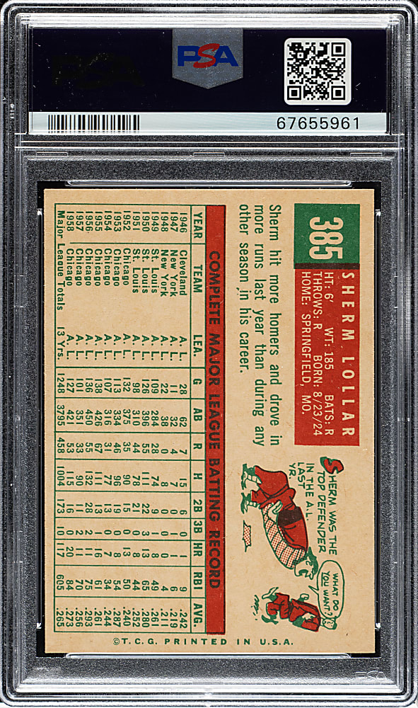 1959 Topps #385 Sherm Lollar PSA NM-MT 8