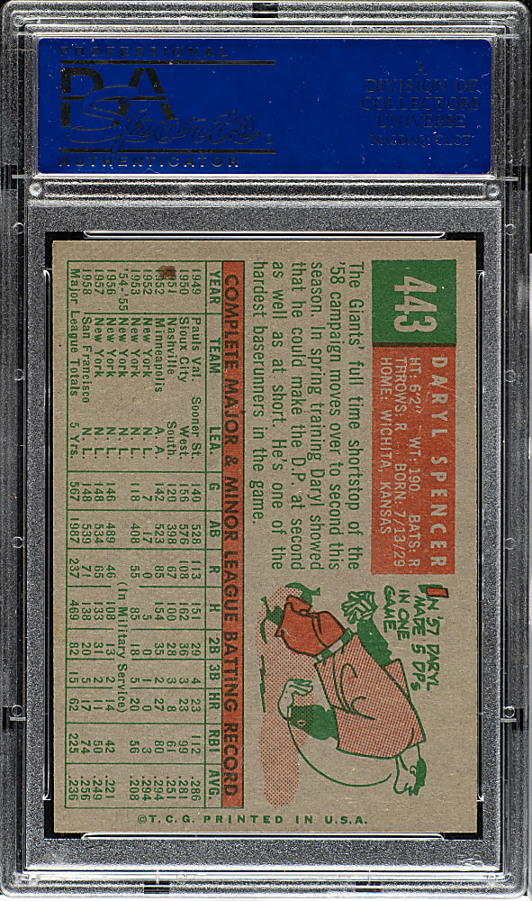 1959 Topps #443 Darryl Spencer PSA NM-MT 8