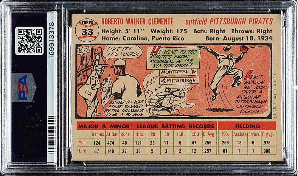 1956 Topps #33 Roberto Clemente White Back PSA VG-EX+ 4.5