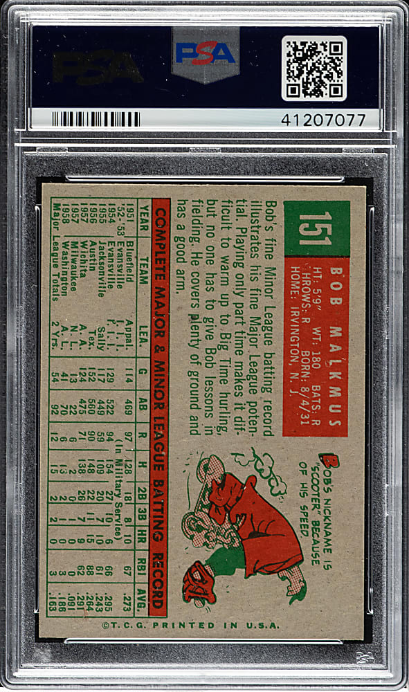 1959 Topps #151 Bob Malkmus PSA NM-MT 8