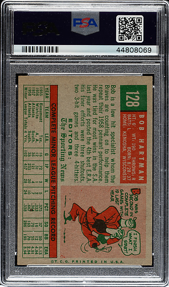 1959 Topps #128 Bob Hartman PSA NM-MT 8