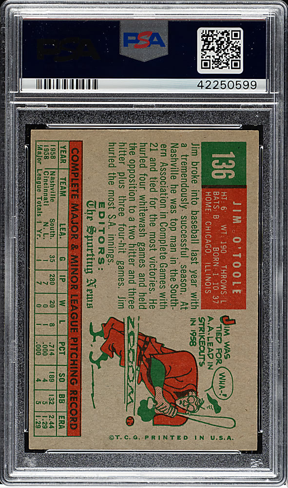1959 Topps #136 Jim O'Toole PSA NM-MT 8