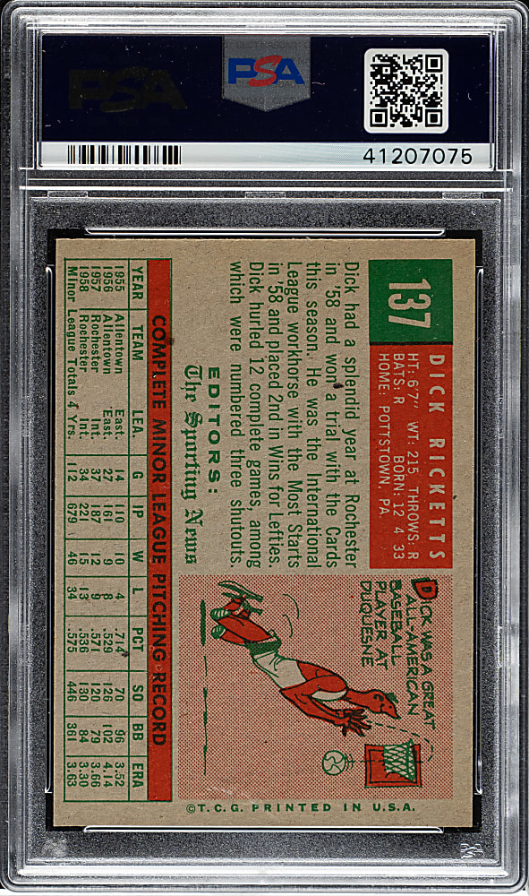 1959 Topps #137 Dick Ricketts PSA NM-MT 8