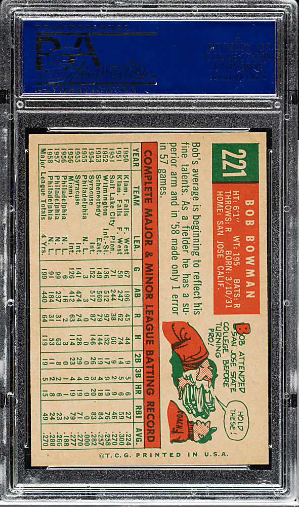 1959 Topps #221 Bob Bowman PSA NM-MT 8