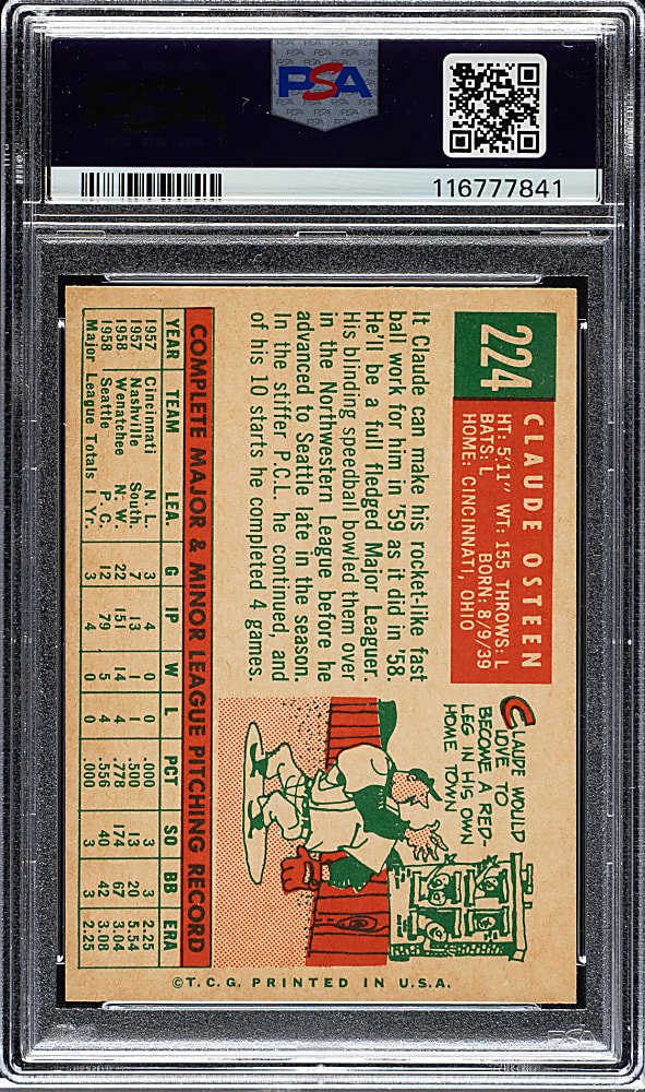 1959 Topps #224 Claude Osteen PSA NM-MT 8