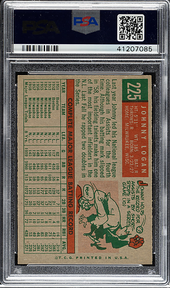 1959 Topps #225 Johnny Logan PSA NM-MT 8
