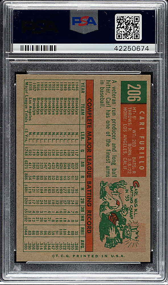 1959 Topps #206 Carl Furillo PSA NM-MT 8