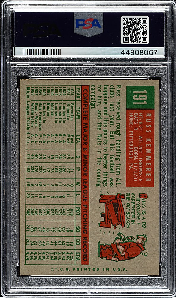 1959 Topps #191 Russ Kemmerer PSA NM-MT 8
