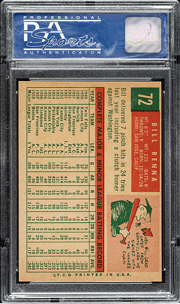 1959 Topps #72 Bill Renna PSA NM-MT 8