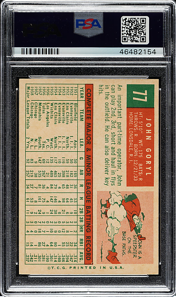 1959 Topps #77 John Goryl PSA NM-MT 8
