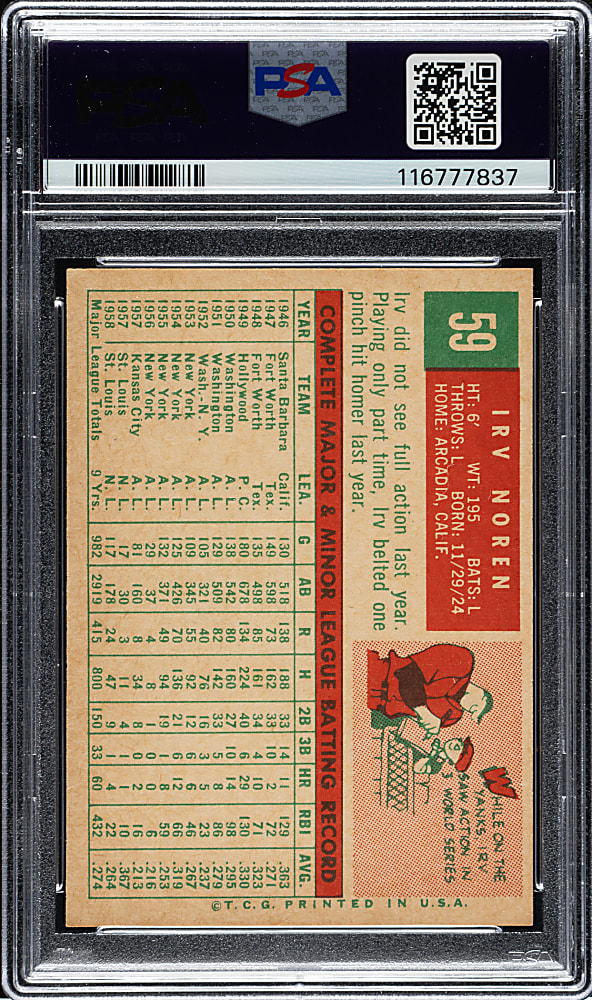 1959 Topps #59 Irv Noren PSA NM-MT 8