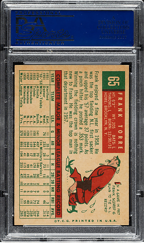 1959 Topps #65 Frank Torre PSA NM-MT 8