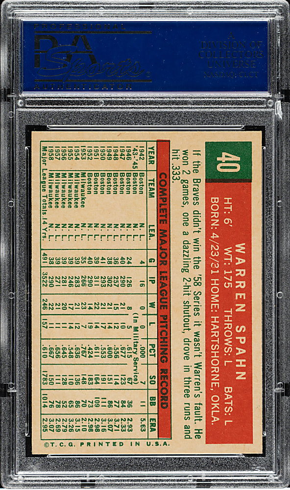 1959 Topps #40 Warren Spahn PSA NM-MT 8