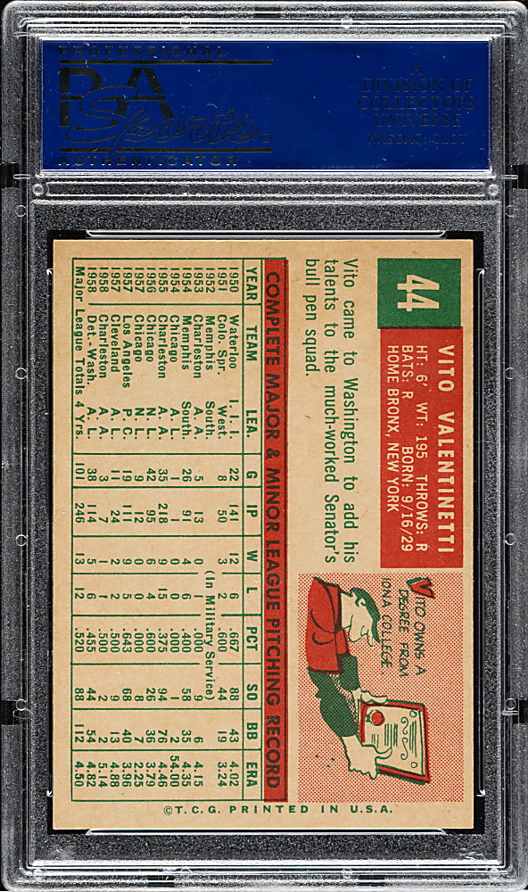 1959 Topps #44 Vito Valentinetti PSA NM-MT 8
