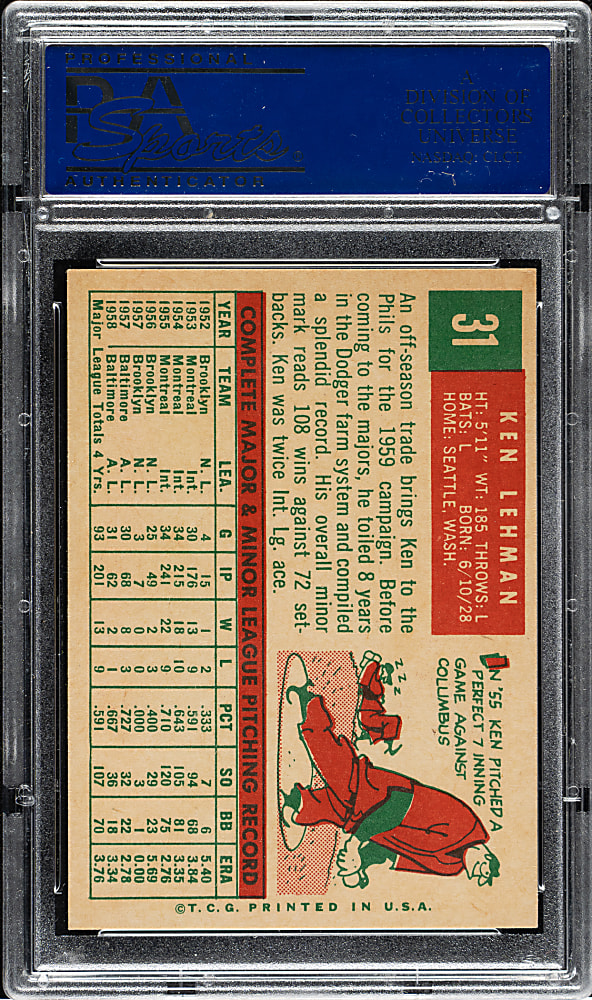 1959 Topps #31 Ken Lehman PSA NM-MT 8