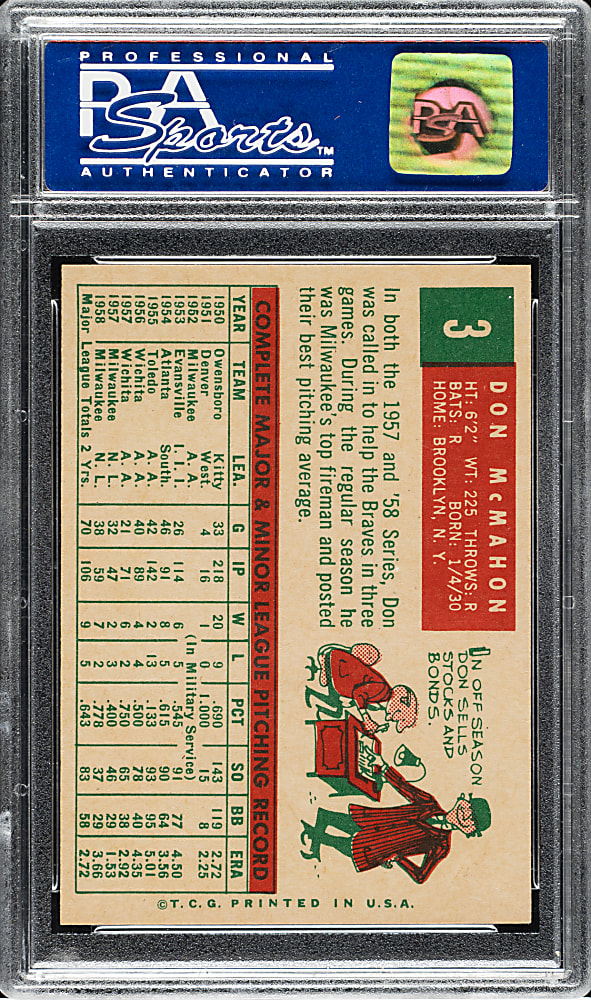 1959 Topps #3 Don McMahon PSA NM-MT 8