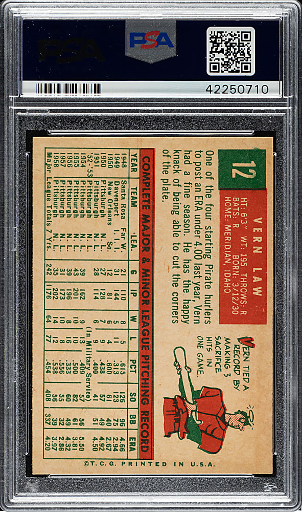 1959 Topps #12 Vern Law PSA NM-MT 8