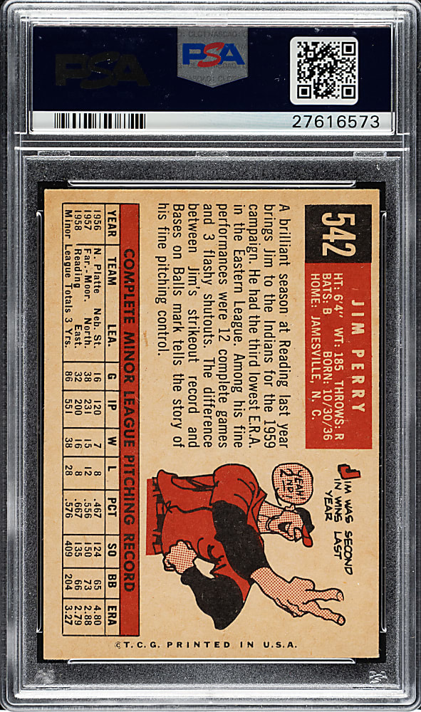 1959 Topps #542 Jim Perry PSA NM-MT 8